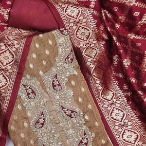 Brown Shimmer Jacquard Dress Material With Elegant Weaving & Cording Embroidery Work