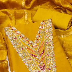 Mustard Georgette Dress Material Embellished With Floral Cording Embroidery & Sequin Accents