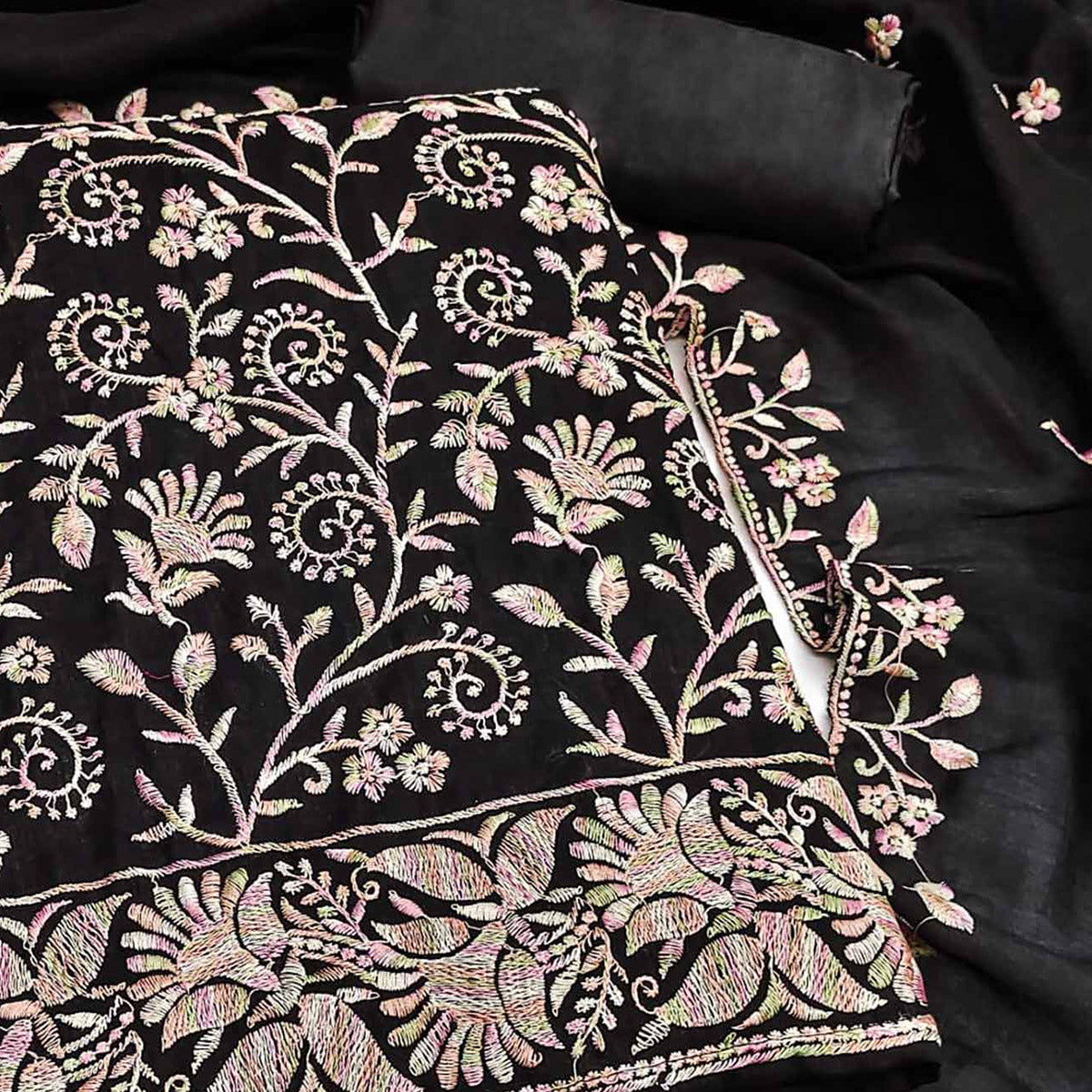 Black Vichitra Silk Dress Material With Elegant Floral Thread Embroidery