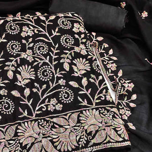 Black Vichitra Silk Dress Material With Elegant Floral Thread Embroidery