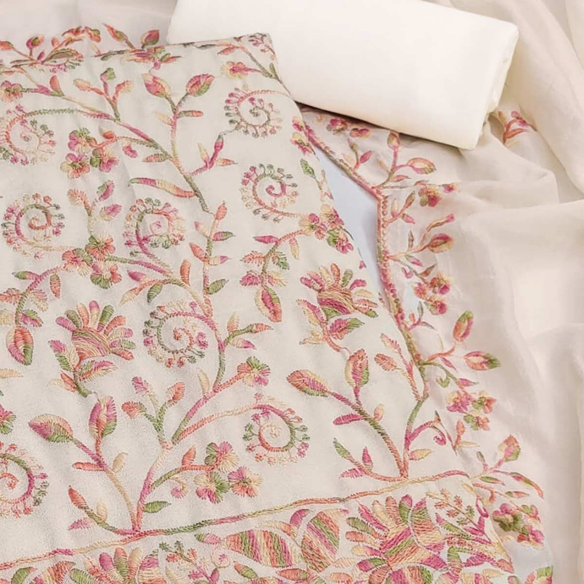 Offwhite Vichitra Silk Dress Material With Elegant Floral Thread Embroidery