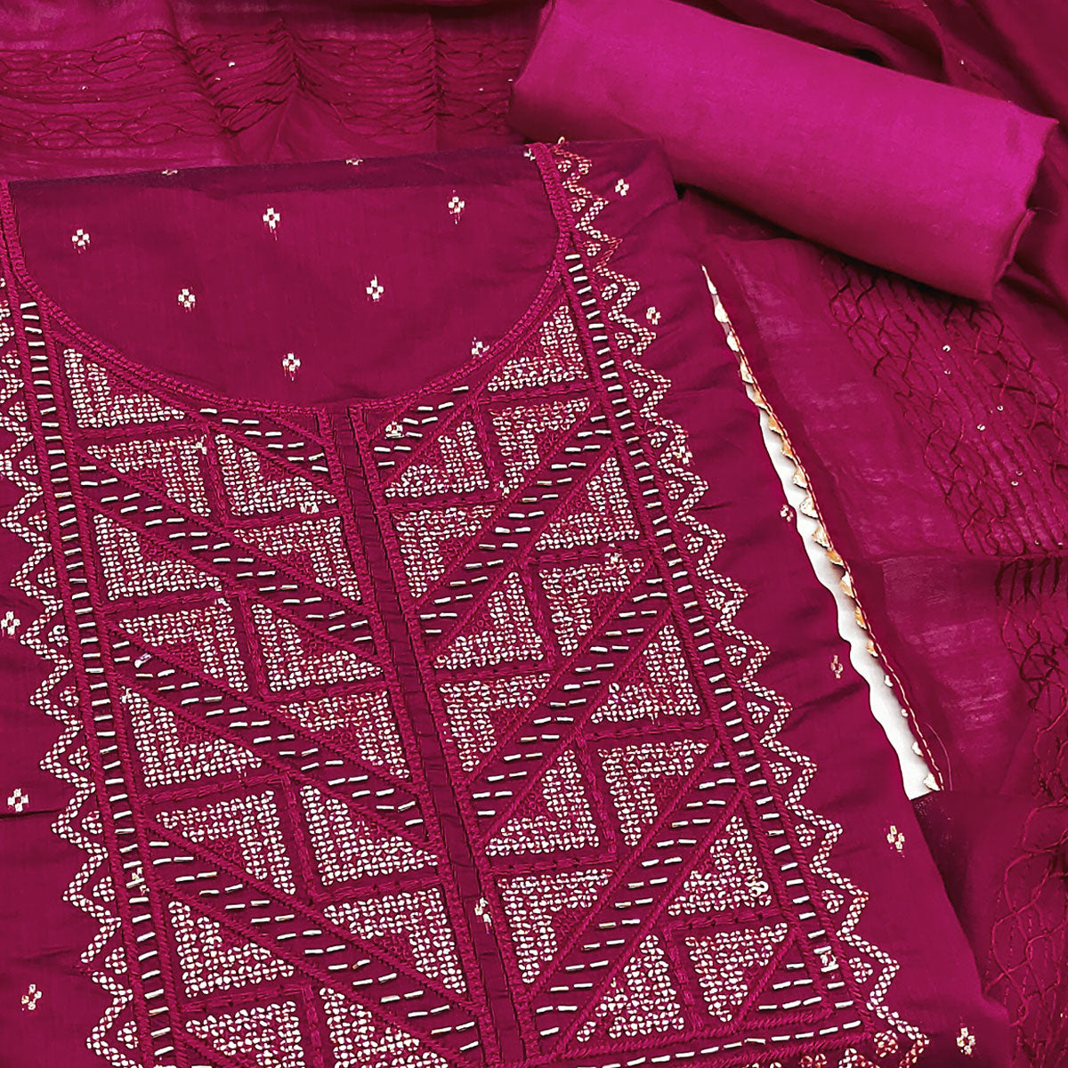 Rani Pink Sequins Embroidered Dress Material Crafted On Rich Chanderi Silk Jacquard