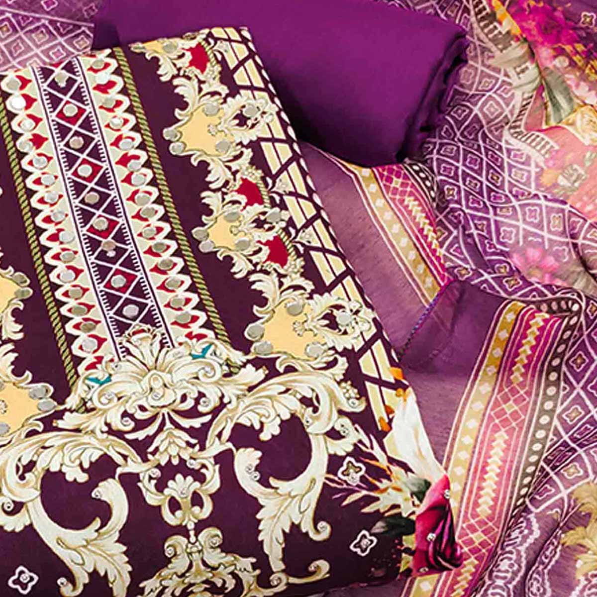 Purple Dress Material in Rayon with Delicate Floral Patterns