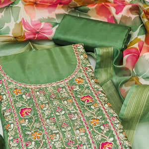 Green Chanderi Silk Unstitched Suit with Embroidered Detailing