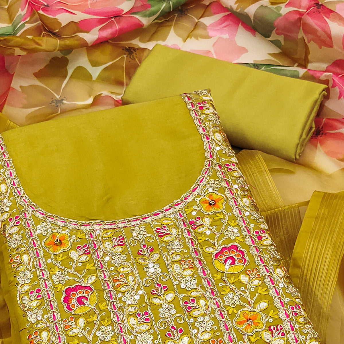 Mustard Chanderi Silk Unstitched Suit with Embroidered Detailing
