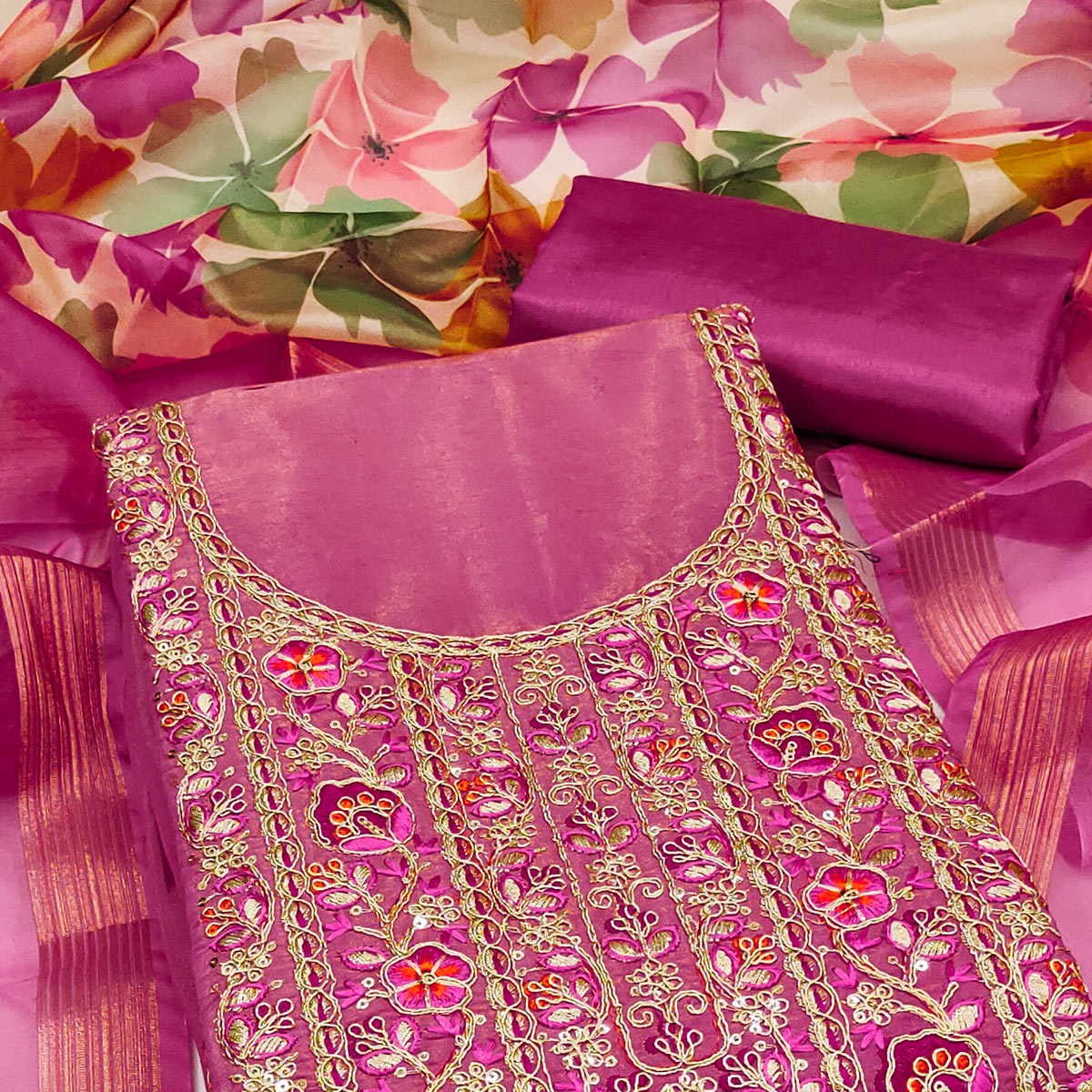 Pink Chanderi Silk Unstitched Suit with Embroidered Detailing