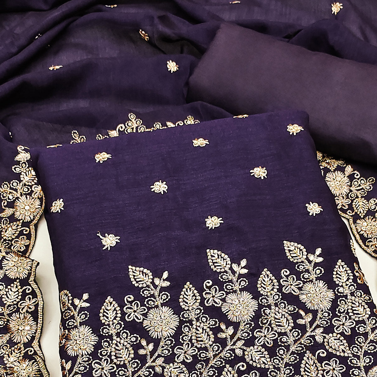 Blue Vichitra Silk Dress Material with Rich Threadwork