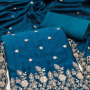 Teal Vichitra Silk Dress Material with Rich Threadwork