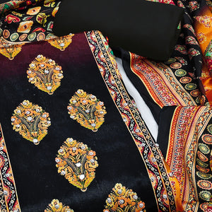 Black Chinon Dress Material With Reflective Mirror Work & Floral Prints