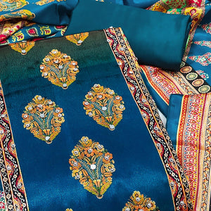 Blue Chinon Dress Material With Reflective Mirror Work & Floral Prints