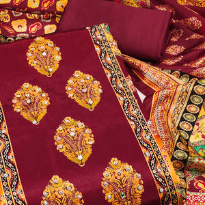 Maroon Chinon Dress Material With Reflective Mirror Work & Floral Prints