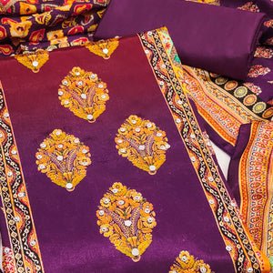 Purple Chinon Dress Material With Reflective Mirror Work & Floral Prints