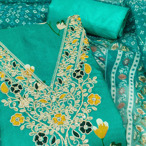 Turquoise Chanderi Silk Dress Material With Floral Digital Print & Delicate Cording Embroidery
