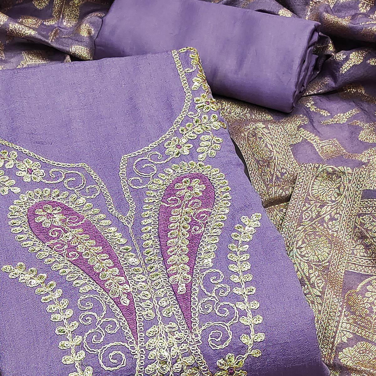 Lavender Vichitra Silk Dress Material Enhanced With Elegant Floral Sequins Cording Embroidery