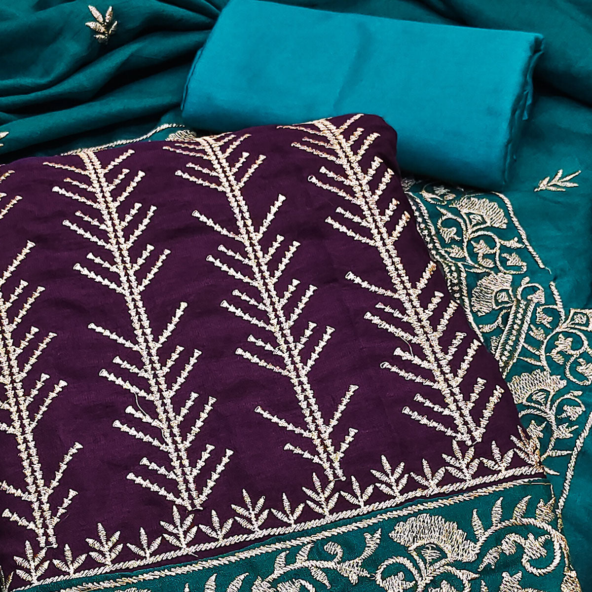 Purple Vichitra Silk Dress Material Featuring Graceful Floral Embroidery Work