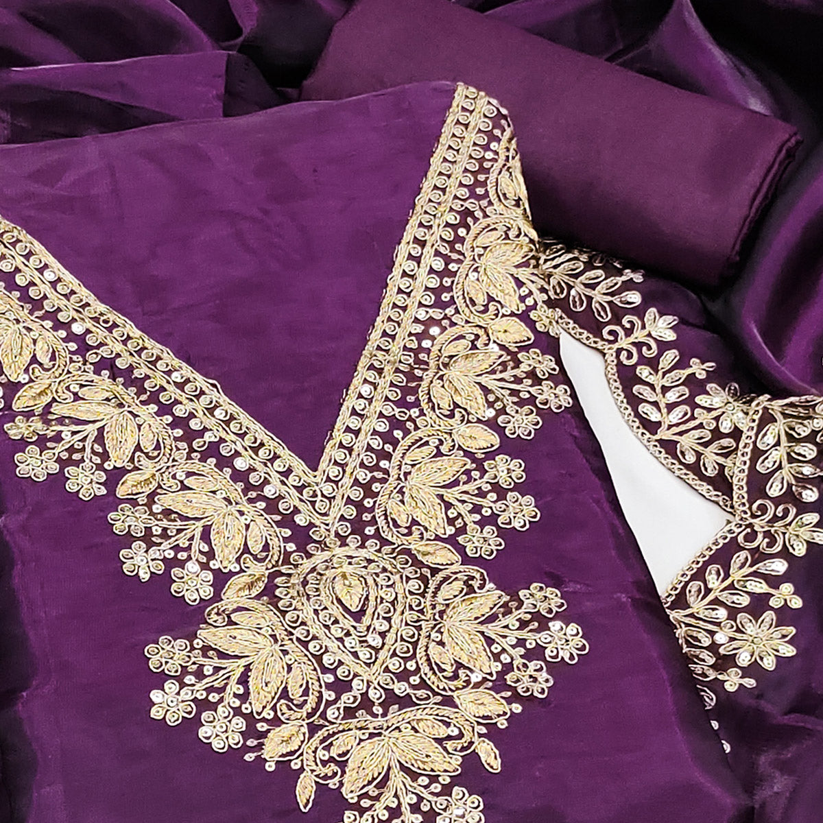 Deep Purple Unstitched Organza Suit with Thread Embroidery