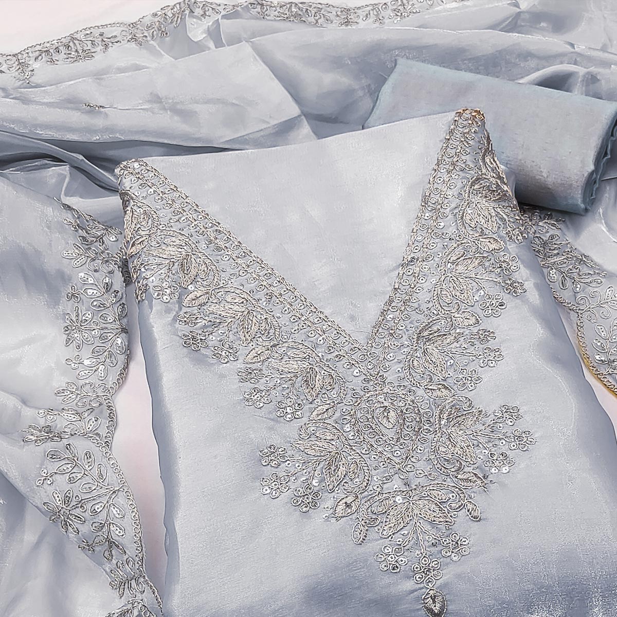 Grey Organza Dress Material With Elegant Thread Embroidery