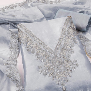 Grey Organza Dress Material With Elegant Thread Embroidery