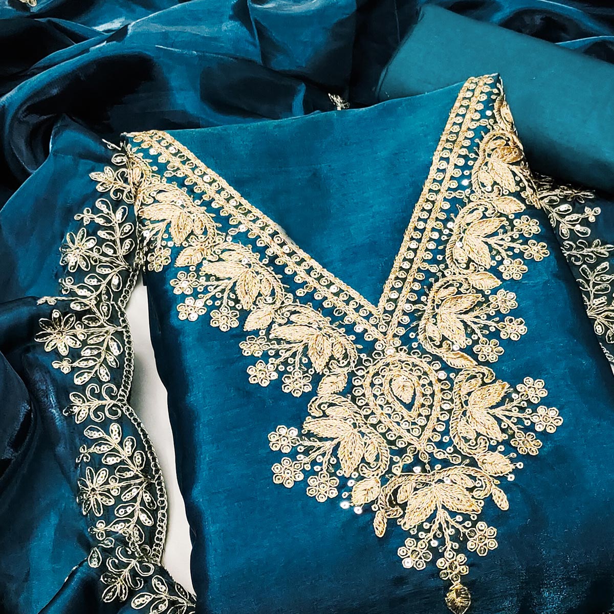 Morpich Blue Organza Dress Material With Elegant Thread Embroidery