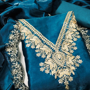 Morpich Blue Organza Dress Material With Elegant Thread Embroidery