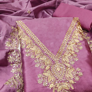 Onion Pink Organza Dress Material With Elegant Thread Embroidery