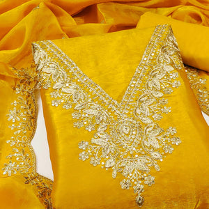 Yellow Organza Dress Material With Elegant Thread Embroidery