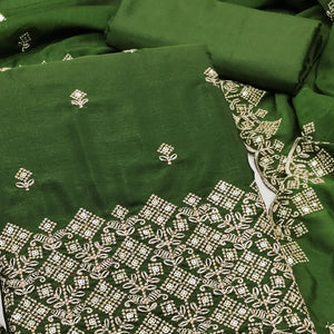 Green Vichitra Silk Dress Material Featuring Intricate Floral Embroidery & Sequins Work