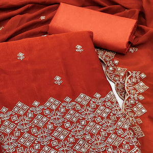 Orange Vichitra Silk Dress Material Featuring Intricate Floral Embroidery & Sequins Work