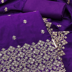 Purple Vichitra Silk Dress Material Featuring Intricate Floral Embroidery & Sequins Work