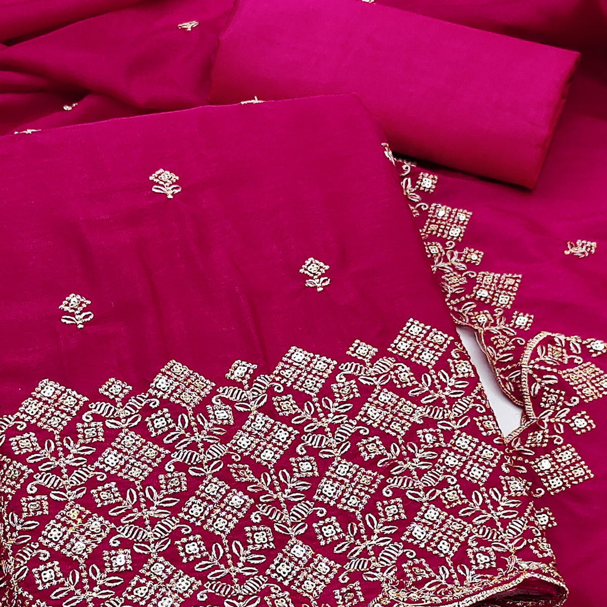 Rani Pink Vichitra Silk Dress Material Featuring Intricate Floral Embroidery & Sequins Work