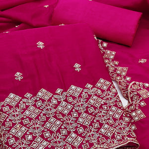 Rani Pink Vichitra Silk Dress Material Featuring Intricate Floral Embroidery & Sequins Work