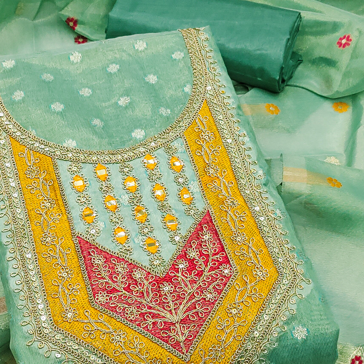 Green Shimmer Dress Material Featuring Floral Weaving & Sparkling Sequins Embroidery