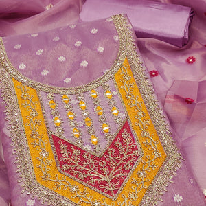 Lavender Shimmer Dress Material Featuring Floral Weaving & Sparkling Sequins Embroidery