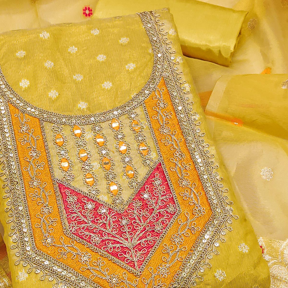 Yellow Shimmer Dress Material Featuring Floral Weaving & Sparkling Sequins Embroidery