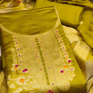 Dark Mustard Organza Silk Dress Material Adorned With Exquisite Floral Zari Weaving Work
