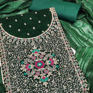 Green Floral Butti Jacquard Chanderi Silk Dress Material Enhanced With Sparkling Sequins Embroidery
