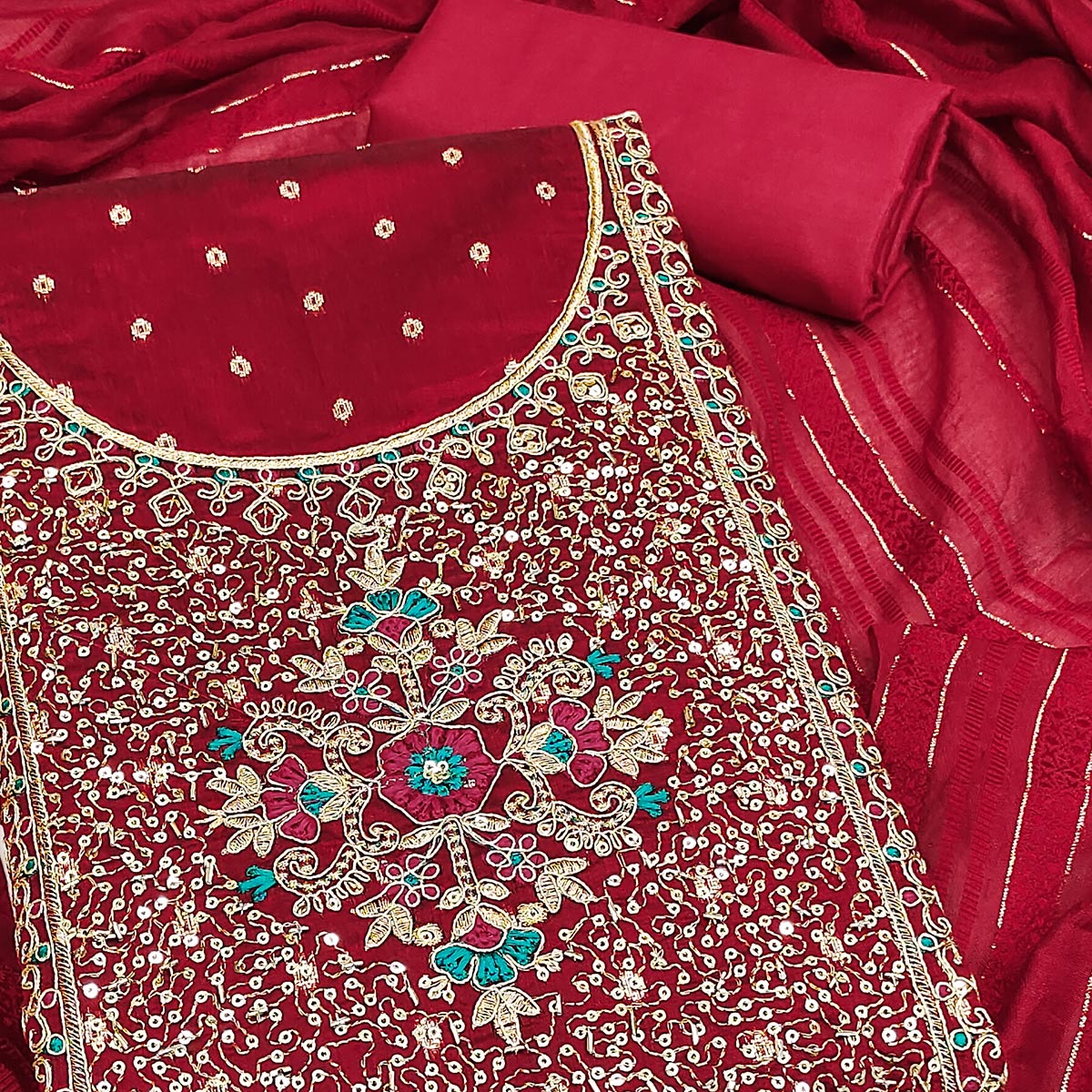 Red Floral Butti Jacquard Chanderi Silk Dress Material Enhanced With Sparkling Sequins Embroidery