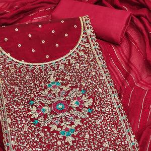 Red Floral Butti Jacquard Chanderi Silk Dress Material Enhanced With Sparkling Sequins Embroidery