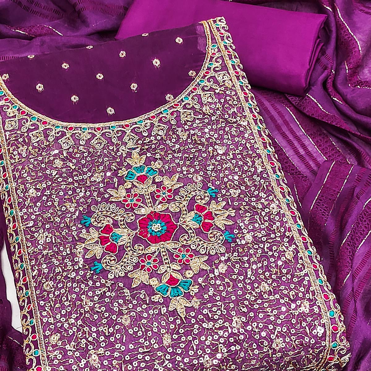 Wine Floral Butti Jacquard Chanderi Silk Dress Material Enhanced With Sparkling Sequins Embroidery