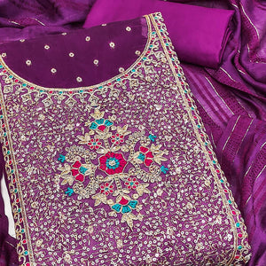 Wine Floral Butti Jacquard Chanderi Silk Dress Material Enhanced With Sparkling Sequins Embroidery