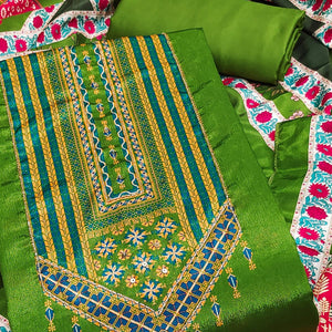 Green Digital Printed Chinon Dress Material With Sequins & Handwork Embellishment