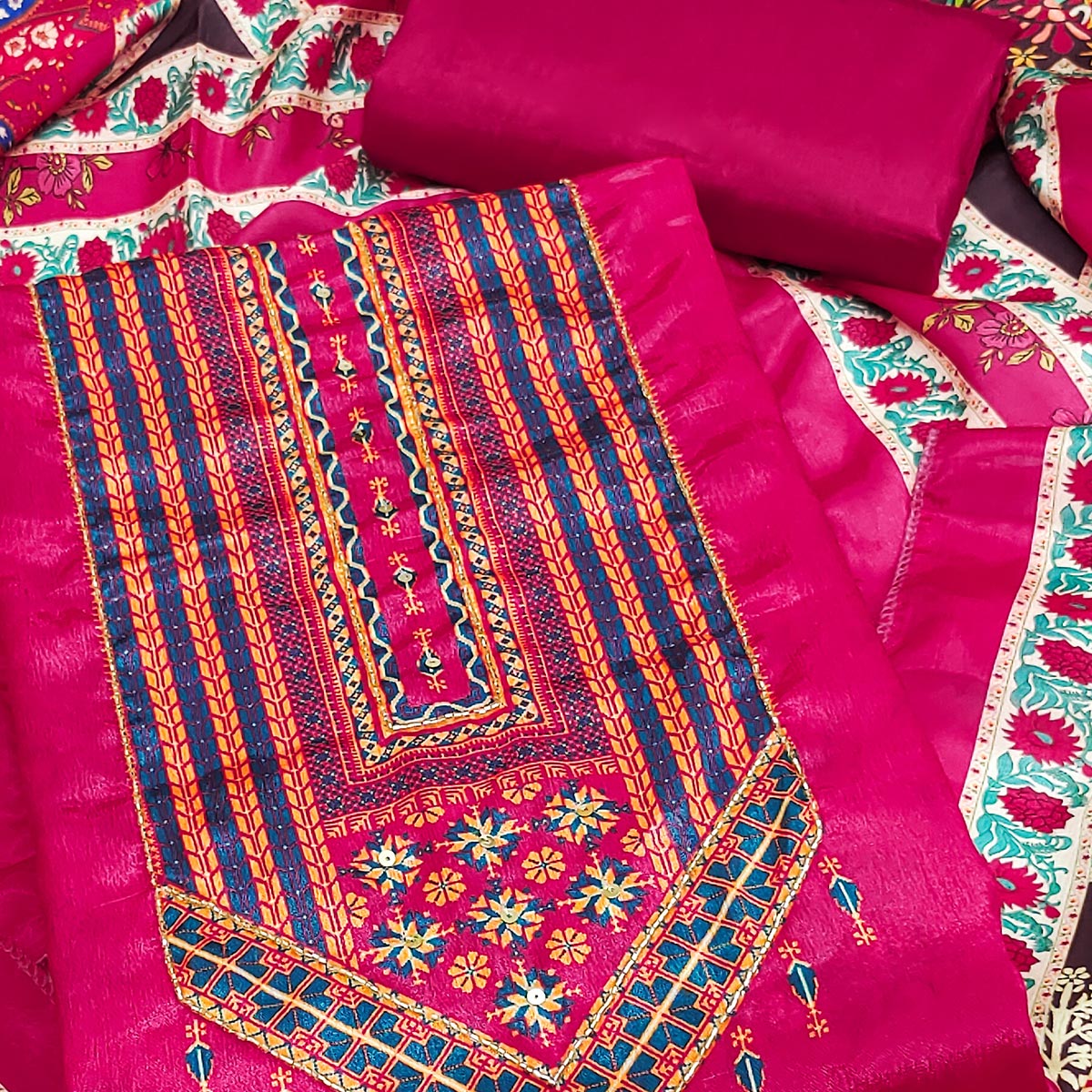 Rani PInk Digital Printed Chinon Dress Material With Sequins & Handwork Embellishment