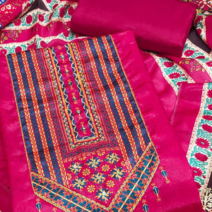 Rani PInk Digital Printed Chinon Dress Material With Sequins & Handwork Embellishment