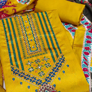 Yellow Digital Printed Chinon Dress Material With Sequins & Handwork Embellishment