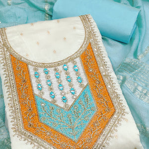 OffWhite & Blue Floral Cording & Sequins Embroidered With Butti Chanderi Silk Dress Material
