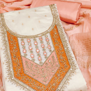 OffWhite & Peach Floral Cording & Sequins Embroidered With Butti Chanderi Silk Dress Material
