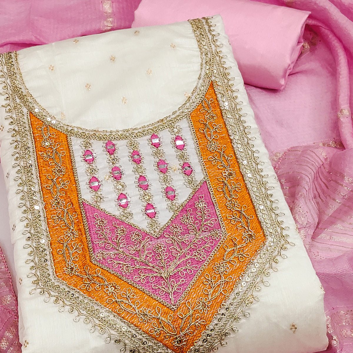 OffWhite & Pink Floral Cording & Sequins Embroidered With Butti Chanderi Silk Dress Material