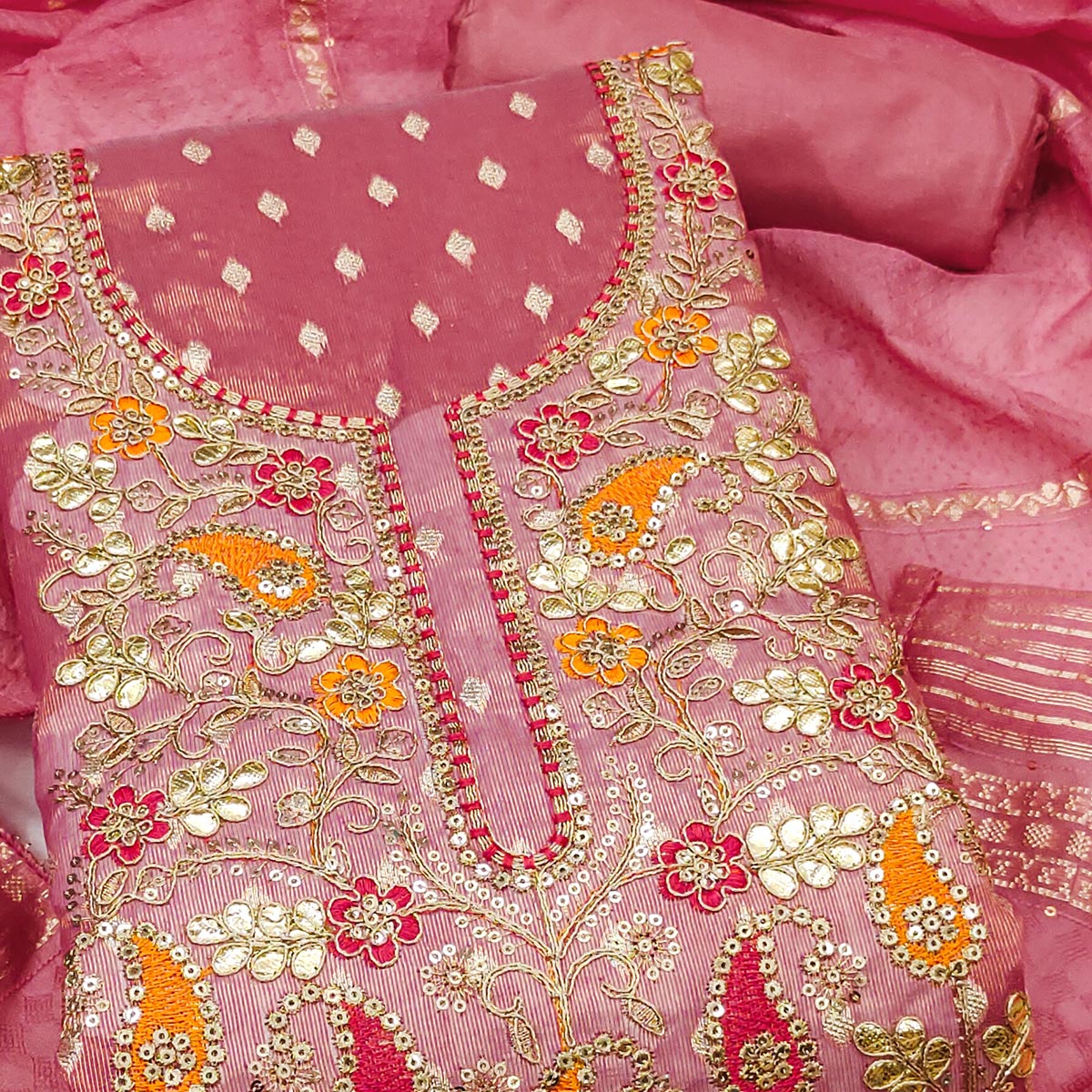 Pink Woven Shimmer Dress Material Featuring Sequins Embroidery & Gota Patti Accents