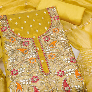 Yellow Woven Shimmer Dress Material Featuring Sequins Embroidery & Gota Patti Accents