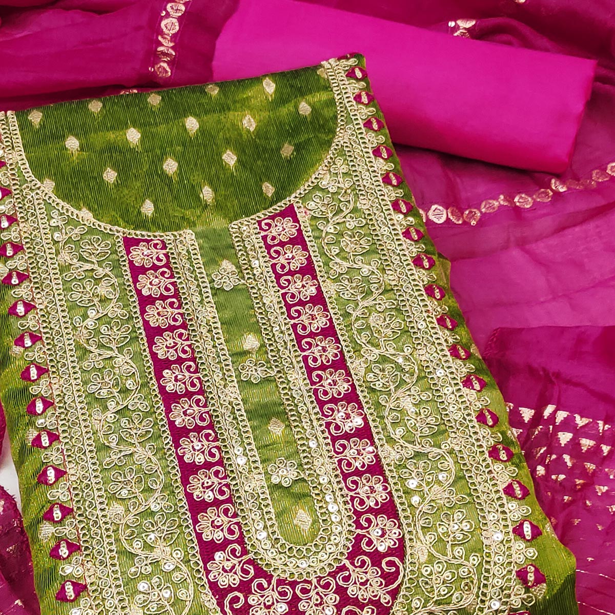 Green Butti Jacquard Shimmer Dress Material Enhanced With Sequins Cording Embroidery